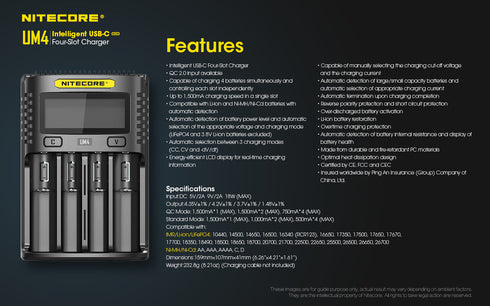 Nitecore UM4 micro-USB四位鋰電池充電器