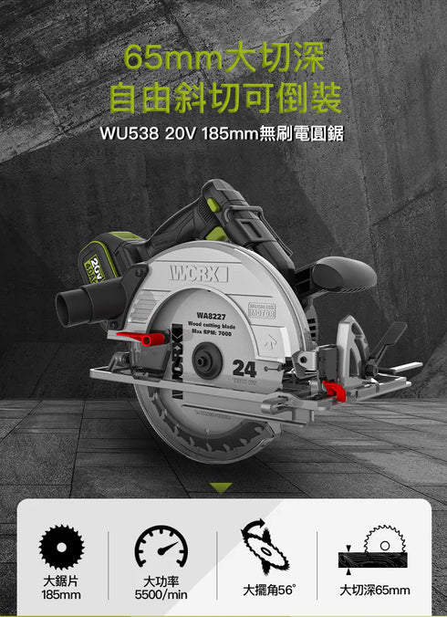 威克士Worx WU538H 20V 無刷185mm電圓鋸
