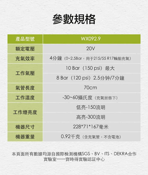 威克士Worx WU092 20V 鋰電充氣泵