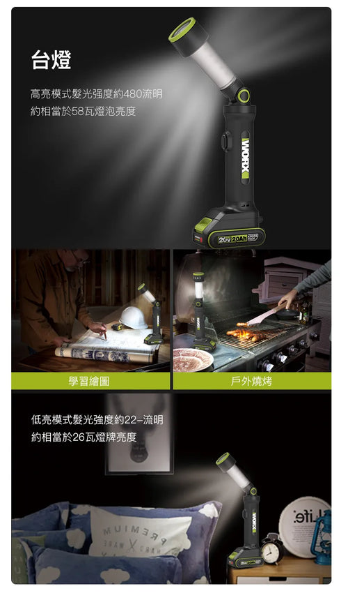 威克士Worx WU010 20V 四合一多功能LED燈