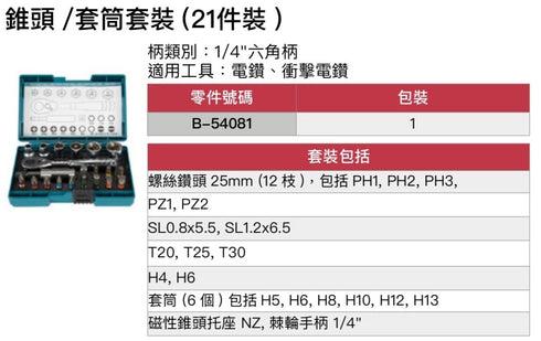牧田Makita B-54081 21件批咀及套筒套裝