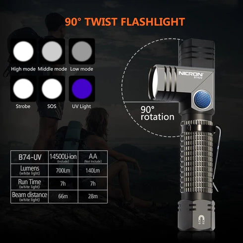 Nicron B74UV磁吸曲頭白光及UV電筒