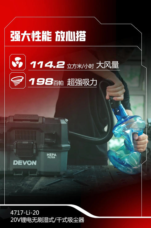 大有DEVON 4717-Li-20 20V乾/濕式吸塵器(Class L)(可STACK Pack堆疊)(淨機)